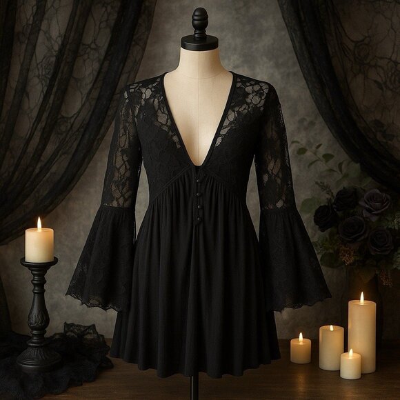 Free People Black Floral Embroidered Bell Sleeve Tunic Whimsigoth Ethereal XS - Picture 1 of 11